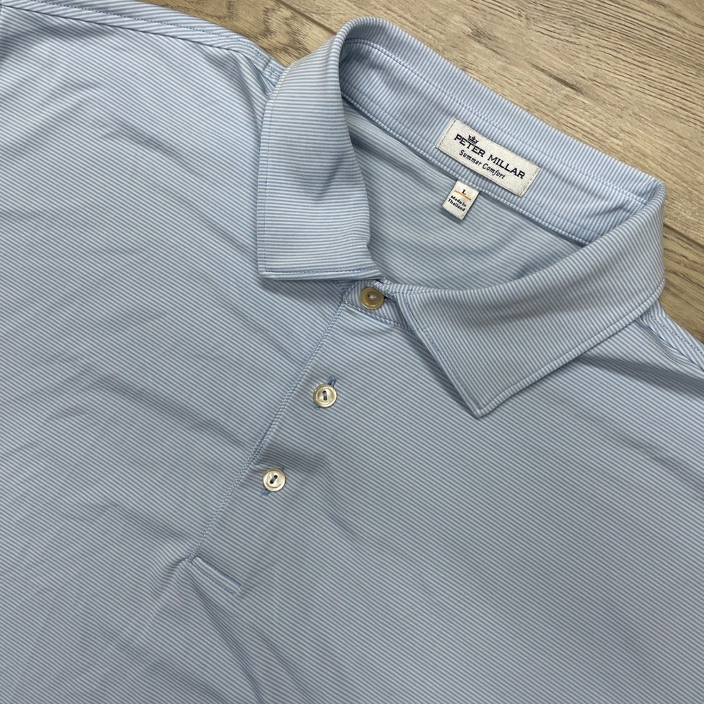 Peter Millar Polo Shirt Mens Large Blue Striped Summer Comfort Nucor Logo